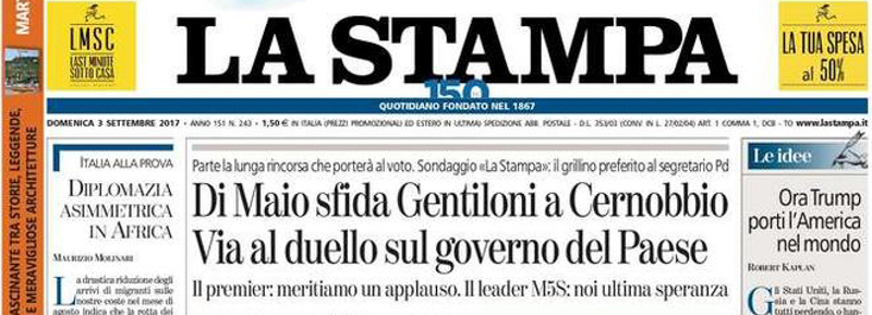 Le prime pagine di domenica 3 settembre 2017