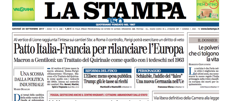Le prime pagine di giovedì 28 settembre 2017