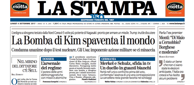 Le prime pagine di lunedì 4 settembre 2017
