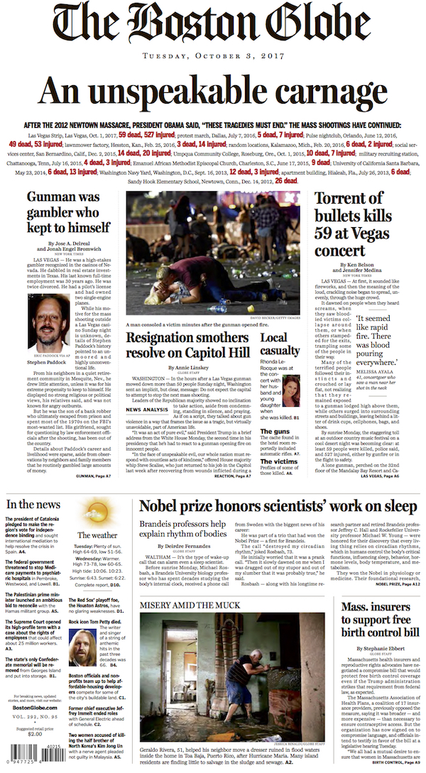 Le prime pagine dei giornali statunitensi sulla strage di Las Vegas