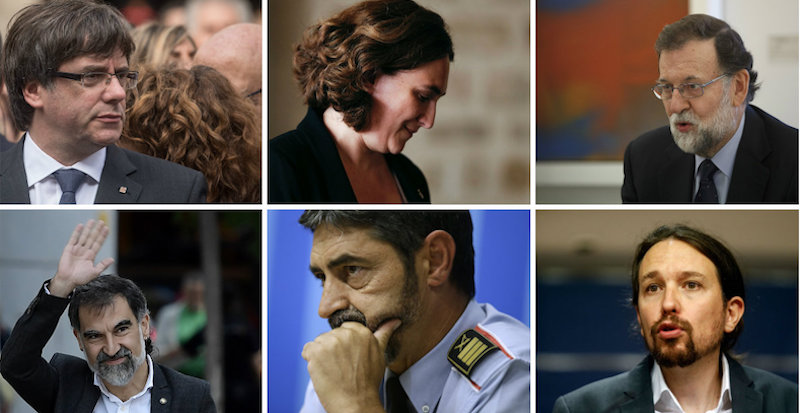 Da sinistra a destra: Carles Puigdemont, Ada Colau, Mariano Rajoy, Jordi Cuixart, Josep Trapero e Pablo Iglesias
