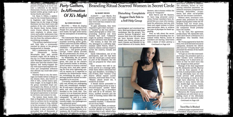 L'articolo del New York Times dedicato alle donne di Nxvim marchiate a fuoco, sulla prima pagina del 18 ottobre 2017