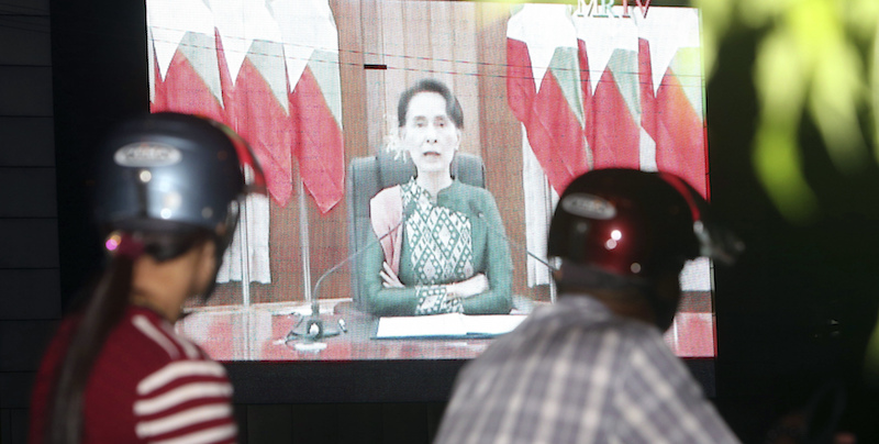Il discorso di Aung San Suu Kyi trasmesso sulla tv di stato, 12 ottobre 2017
(AP Photo/Aung Shine Oo)