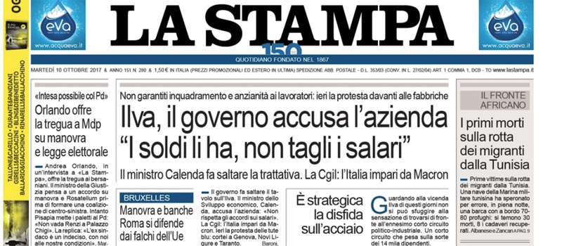 Le prime pagine di martedì 10 ottobre 2017