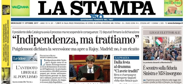 Le prime pagine di mercoledì 11 ottobre 2017