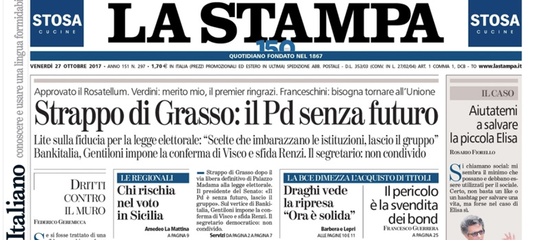 Le prime pagine di venerdì 27 ottobre 2017