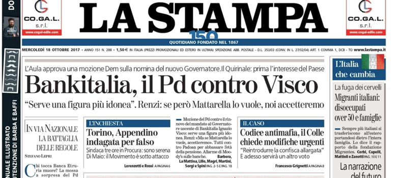 Le prime pagine di mercoledì 18 ottobre 2017