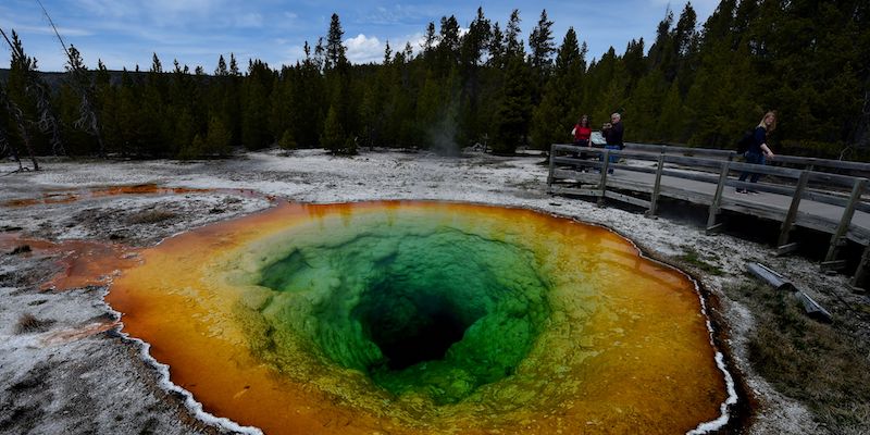 La sorgente di acqua calda Morning Glory nell'Upper Geyser Basin del parco nazionale di Yellowstone, in Wyoming, il 14 maggio 2016 (MARK RALSTON/AFP/Getty Images)