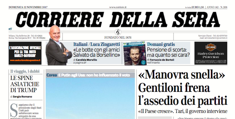 Le prime pagine di domenica 12 novembre 2017