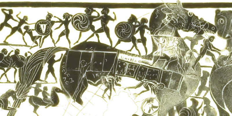 (lo stratagemma del cavallo di legno raffigurato in un vaso greco trovato a Cerveteri (Roma) e datato al 560 a.C.) 