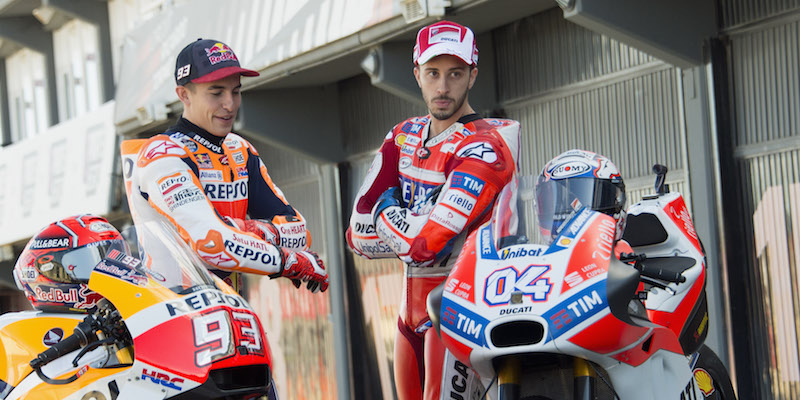 Marc Marquez e Andrea Dovizioso nel corso della presentazione del Gran Premio della Comunità Valenciana (Mirco Lazzari gp/Getty Images)