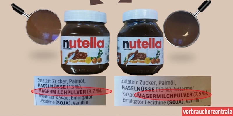 Il confronto tra l'attuale e la precedente ricetta della Nutella in Germania (Verbraucherzentrale Hamburg)