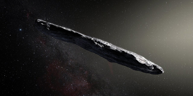 L'asteroide interstellare Oumuamua in un'elaborazione grafica (ESO)