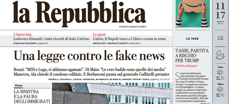Le prime pagine di lunedì 27 novembre 2017
