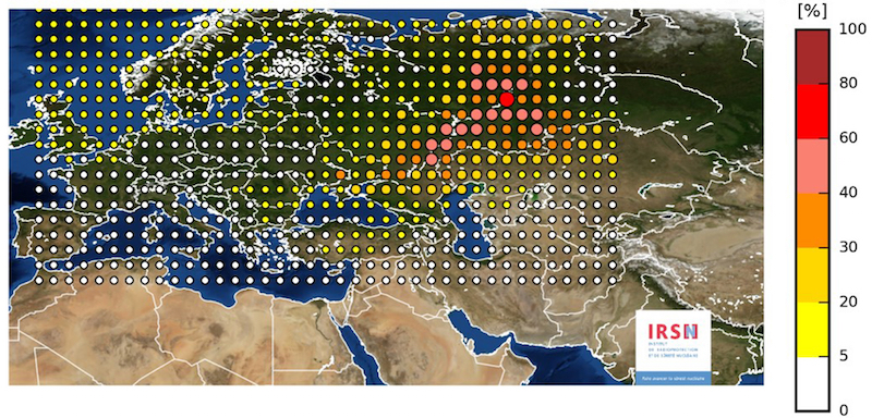 Un'immagine diffusa il 10 novembre dall'IRSN, agenzia francese che si occupa di sicurezza nucleare, mostra la presenza di rutenio 106 in Europa (IRNS via AP)