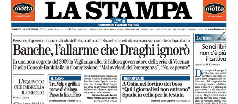 Le prime pagine di venerdì 10 novembre 2017