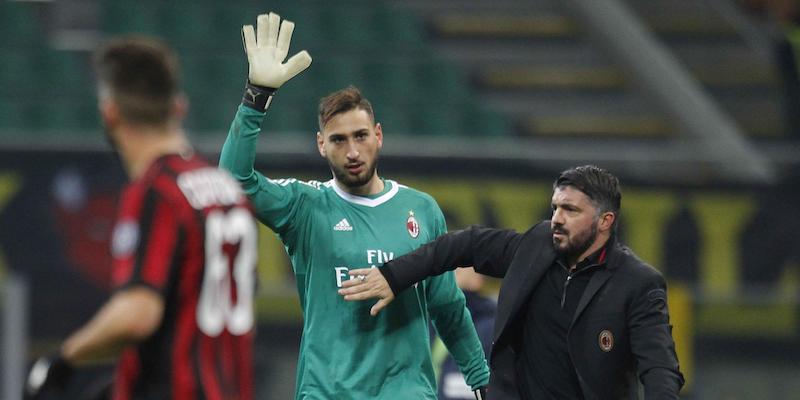 Donnarumma e l'allenatore del Milan Gennaro Gattuso dopo la vittoria in Coppa Italia contro l'Hellas Verona (LaPresse)