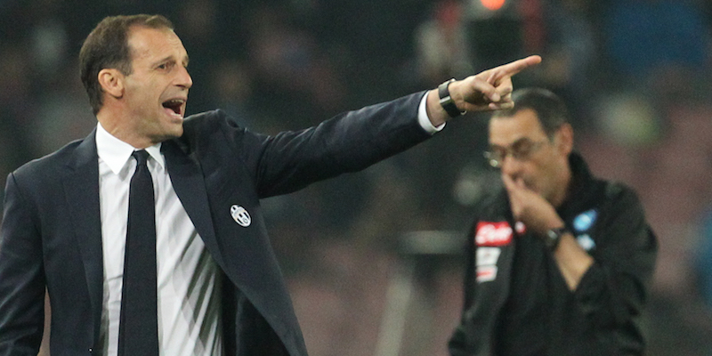 Massimiliano Allegri e Maurizo Sarri durante Napoli-Juventus dell'ultima Coppa Italia (CARLO HERMANN/AFP/Getty Images)