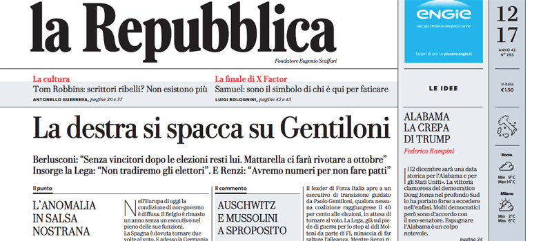 Le prime pagine di giovedì 14 dicembre 2017