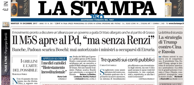 Le prime pagine di martedì 19 dicembre 2017