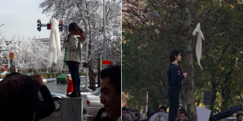 Foto di due proteste contro il velo a Teheran, raccolte in un tweet dalla giornalista Golnaz Esfandiari