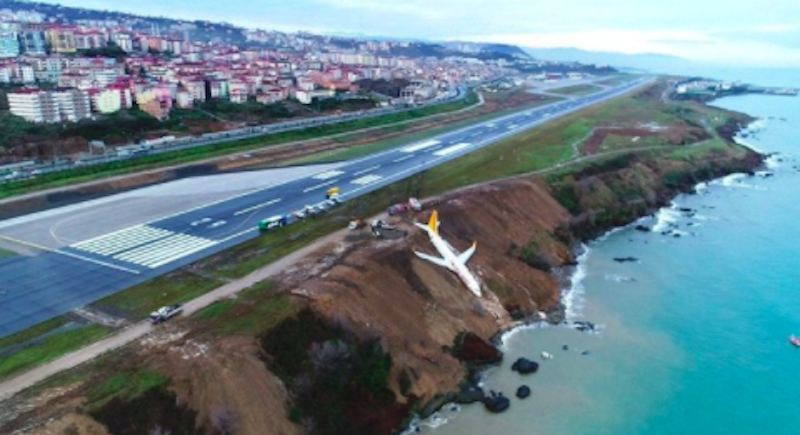La foto dell’aereo finito sulla scogliera di una spiaggia a Trebisonda, in Turchia