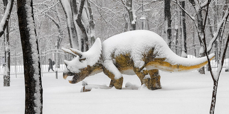 Il modello di un dinosauro in un parco di Bucarest, in Romania, il 6 gennaio 2017 (AP Photo/Vadim Ghirda)