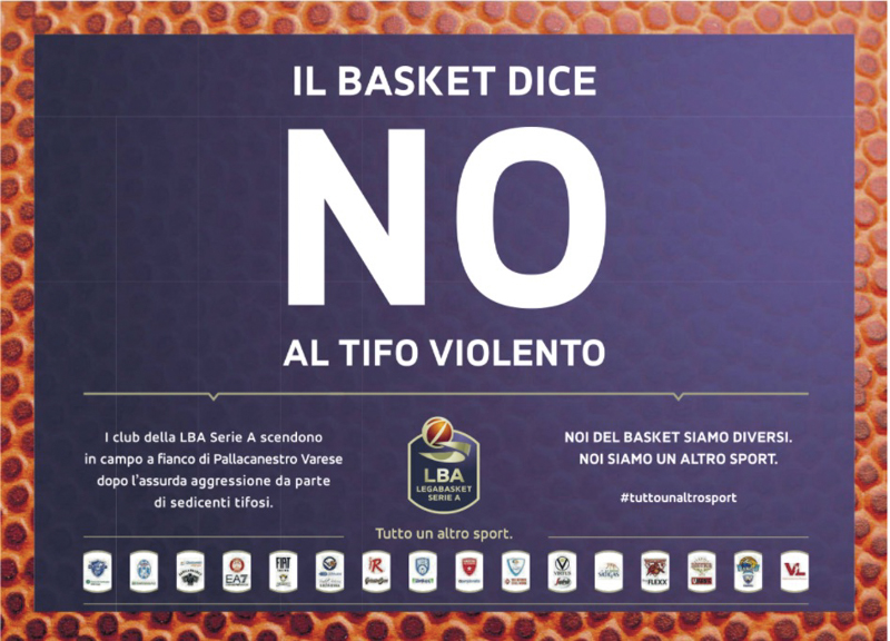 La campagna della Legabasket Serie A contro il tifo violento