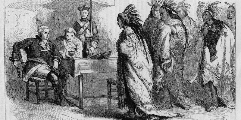 Un'illustrazione del 1766 circa che mostra il capo indiano Pontiac, della tribù degli Odawa, fare visita a un rappresentante britannico (Hulton Archive/Getty Images)