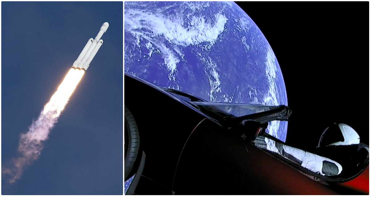 Il Falcon Heavy poco dopo il lancio da Cape Canaveral, Florida, Stati Uniti (JIM WATSON/AFP/Getty Images) e la Tesla Roadster con la Terra di sfondo (SpaceX)