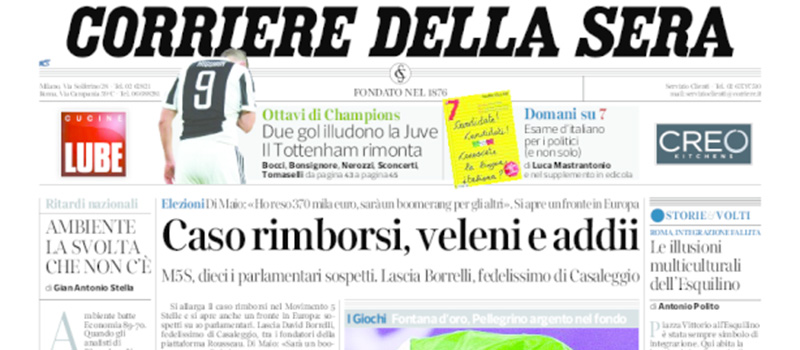 Le prime pagine di mercoledì 14 febbraio 2018