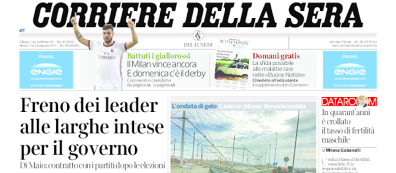 Le prime pagine di lunedì 26 febbraio 2018