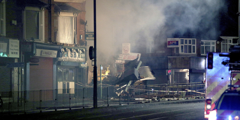 Hinckley Road a Leicester, la strada in cui è avvenuta un'esplosione e un successivo incendio il 25 febbraio 2018 (AP Images/Aaron Chown/PA Wire)