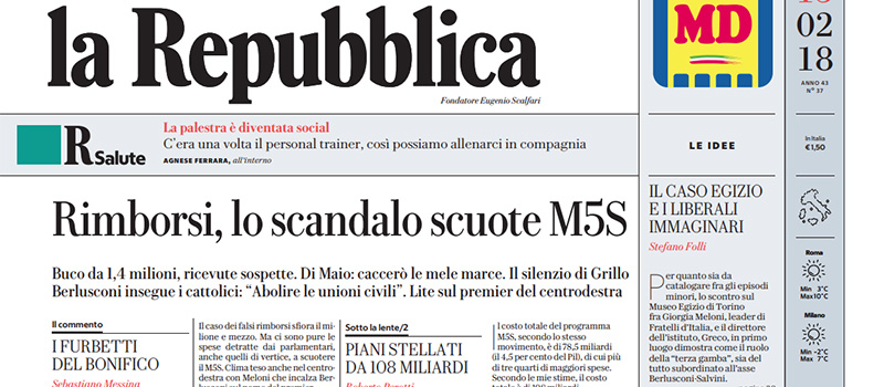 Le prime pagine di martedì 13 febbraio 2018