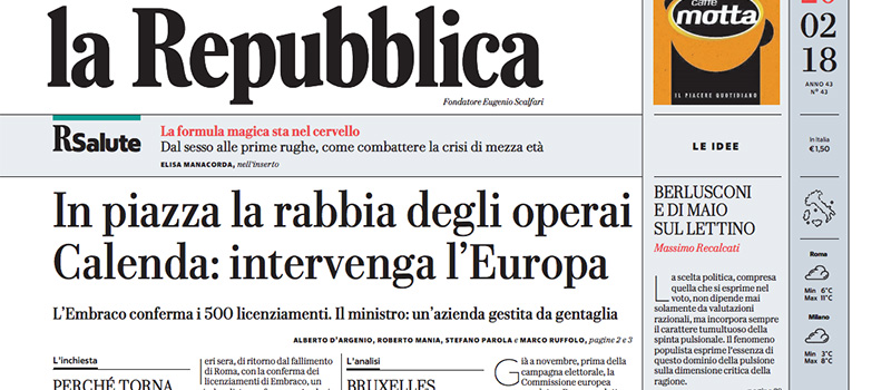 Le prime pagine di martedì 20 febbraio 2018