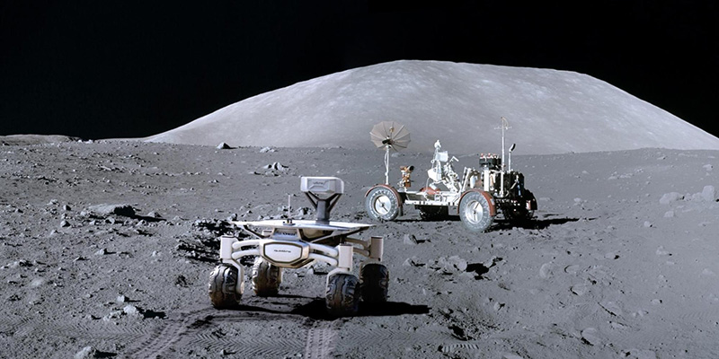 Uno dei rover lunari di PTScientists in viaggio verso il Lunar Rover Vehicle, in un'elaborazione grafica (PTScientists)