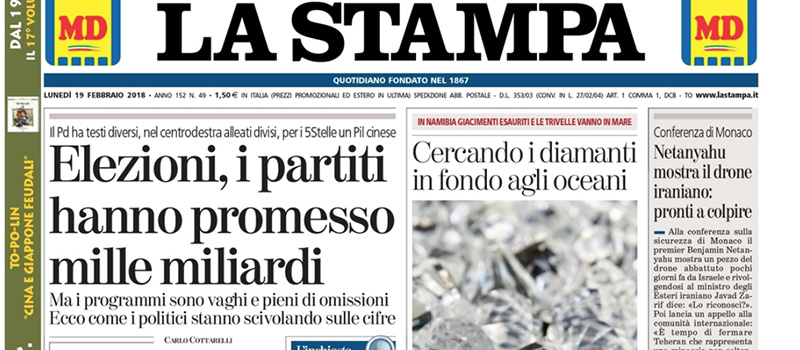 Le prime pagine di lunedì 19 febbraio 2018