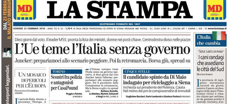 Le prime pagine di venerdì 23 febbraio 2018