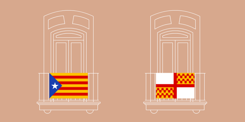 Un disegno pubblicato sul sito di Tabàrnia mostra la bandiera indipendentista catalana, a sinistra, e quella di Tabàrnia, a destra