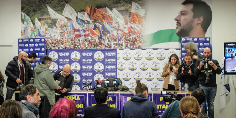 La sala stampa della Lega in via Bellerio a Milano, 4 marzo 2018
(Lapresse - Matteo Corner)