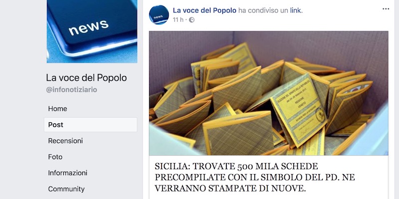 Screenshot della pagina Facebook che ha diffuso la notizia falsa sul ritrovamento di 500mila schede elettorali precompilate in Sicilia