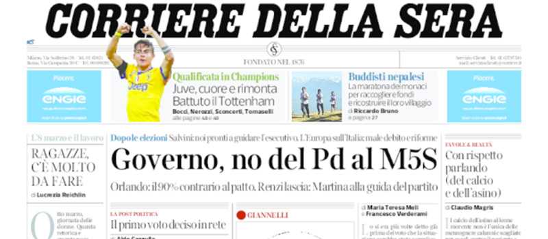 Le prime pagine di giovedì 8 marzo 2018