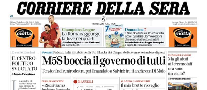 Le prime pagine di mercoledì 14 marzo 2018