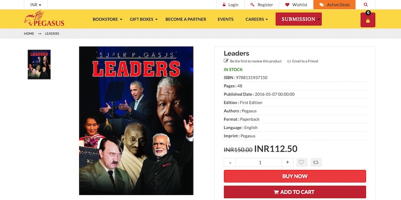 Il libro per bambini "Leaders", con la faccia di Adolf Hitler in copertina, in vendita sul sito della casa editrice indiana Pegasus