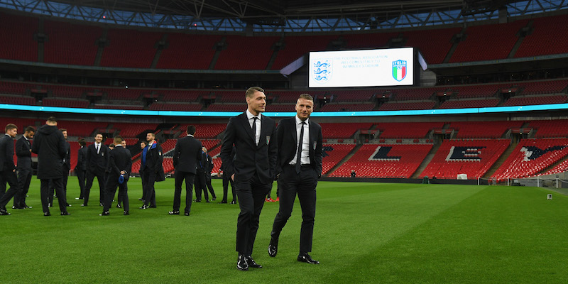 Andrea Belotti e Ciro Immobile sul prato di Wembley con il resto della Nazionale (Claudio Villa/Getty Images)