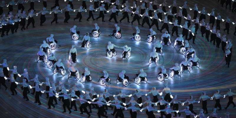 Un istante della cerimonia di apertura delle Paralimpiadi allo stadio Olimpico di Pyeongchang (Mike Hewitt/Getty Images)