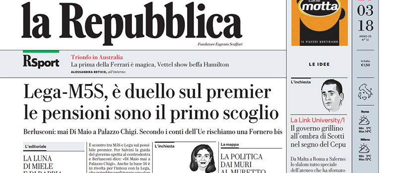 Le prime pagine di lunedì 26 marzo 2018