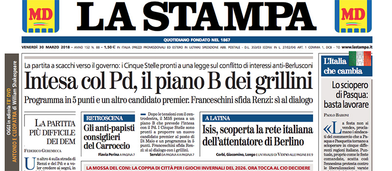 Le prime pagine di venerdì 30 marzo 2018