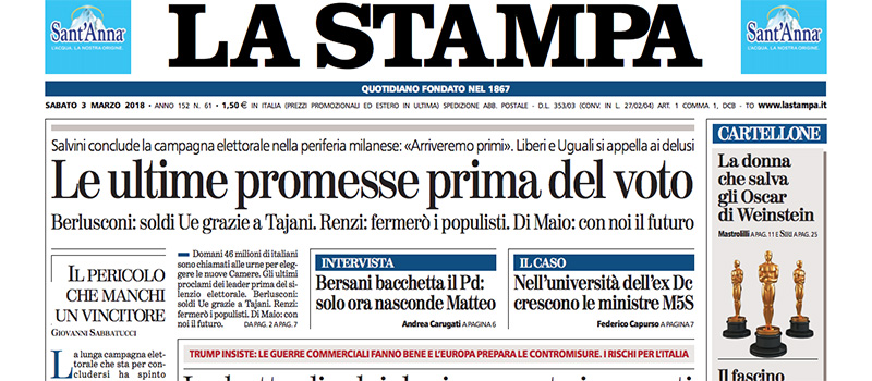 Le prime pagine di sabato 3 marzo 2018