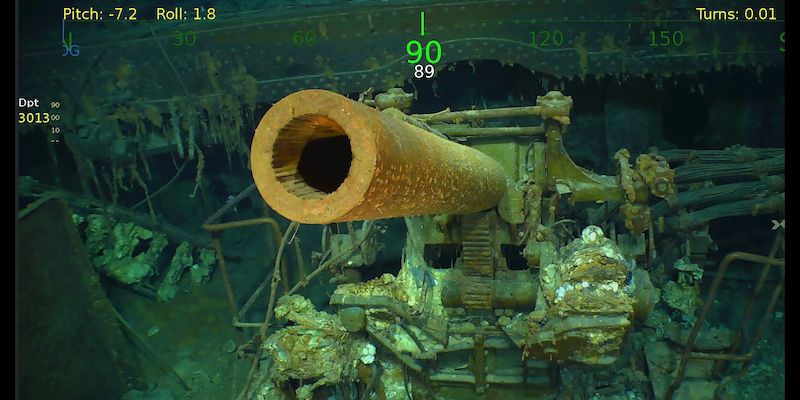 Parte del relitto della portaerei USS Lexington, trovata il 4 marzo 2018 sul fondo del mar dei Coralli (DOUGLAS CURRAN/AFP/Getty Images/Courtesy of Paul G. Allen)